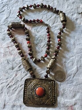Handcrafted Boho Red and Antique Gold Pendant Necklace